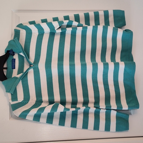Karen Scott Teal and White Striped Pullover - Picture 1 of 4